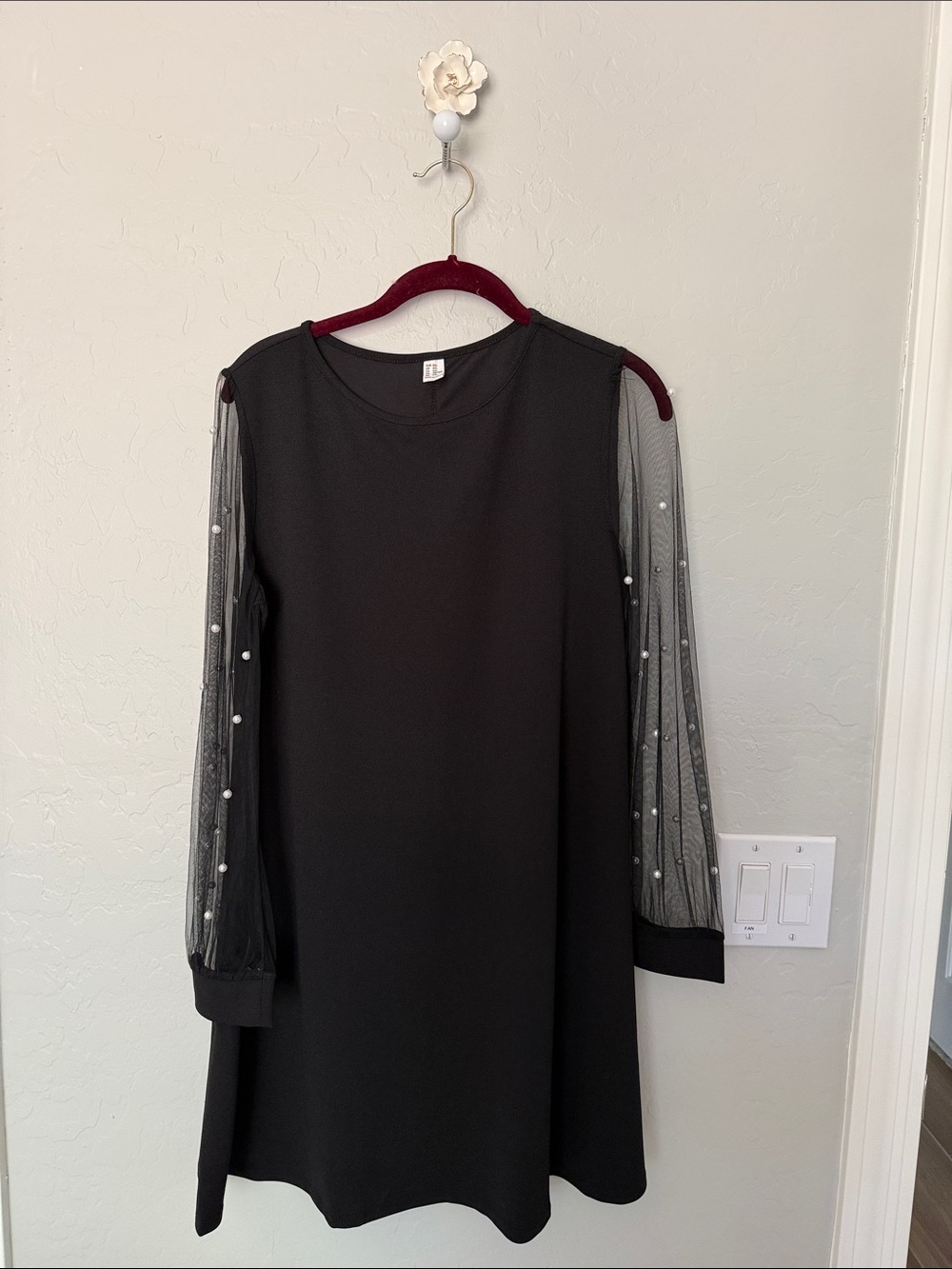 SHEIN Black Long Sleeve Dress with Pearl-Trim Sheer Sleeves